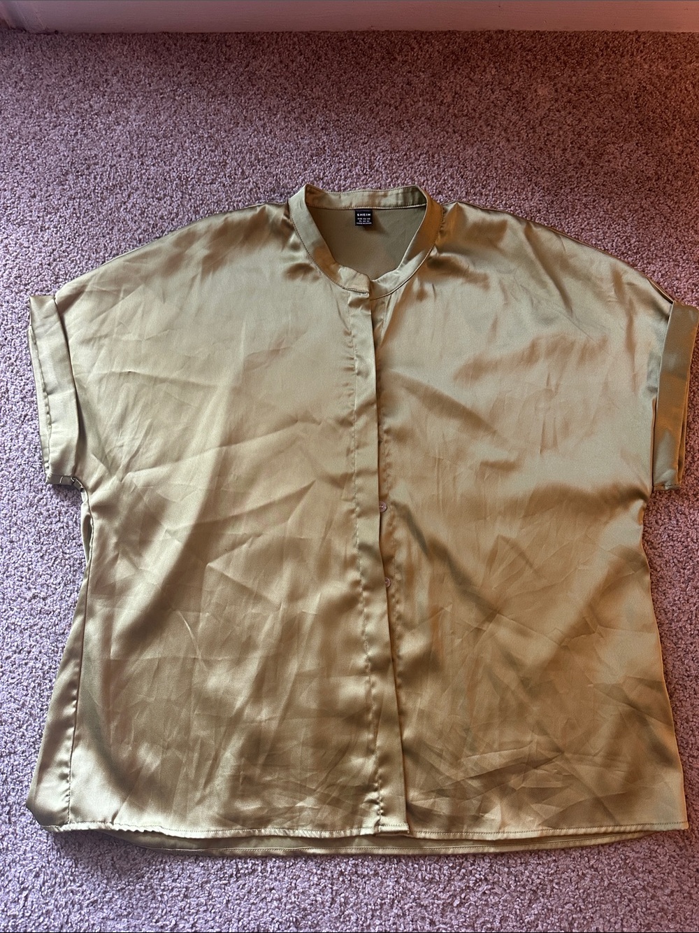SHEIN Olive Green Satin Button-Front Short Sleeve Blouse